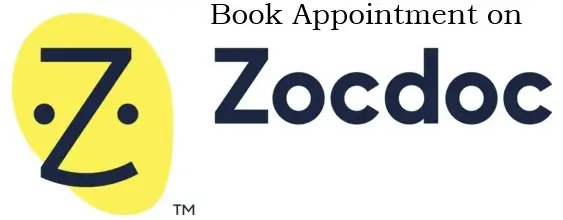 Zocdoc logo with a yellow smiling face and stylized letter Z. Text above reads, Book Appointment on Zocdoc.